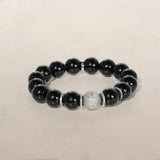 Black Onyx Beaded Bracelet with Diamond Rondelles & Diamond Ball - 12mm