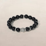 Black Onyx Beaded Bracelet with Diamond Rondelles & Diamond Bezel Ball Bead - 10mm
