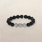 Black Onyx Beaded Bracelet with Diamond Rondelles & 3 Diamond Bezel Ball Beads - 10mm
