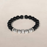 Black Onyx & Silver Beaded Bracelet with Diamond Rondelles - 8mm