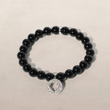 Diamond Open Heart Charm on Beaded Onyx Bracelet - 8mm