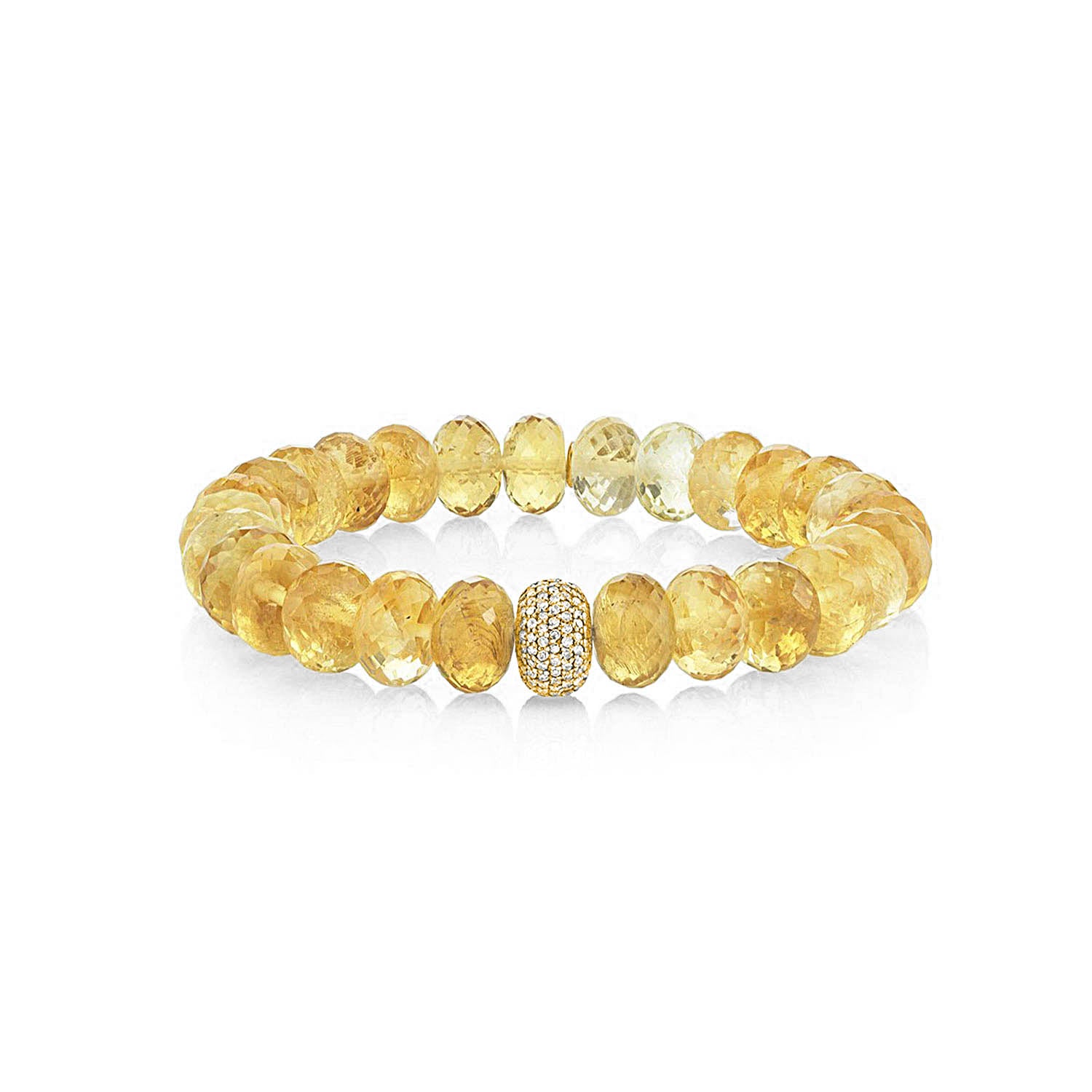 Side view  of a faceted yellow citrine bead stretch bracelet with a 14k yellow gold and diamond center rondelle.