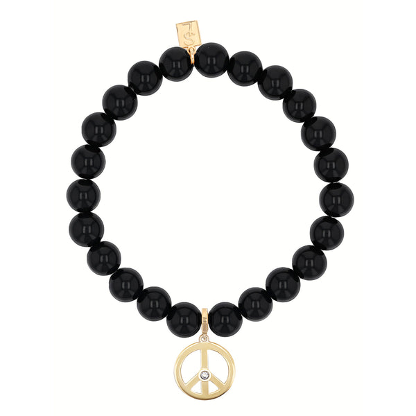 14k Peace Sign Charm on Beaded Onyx Bracelet - 8mm – Sheryl Lowe