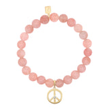 14k Rose Quartz Bracelet with Peace Sign Charm - 8mm