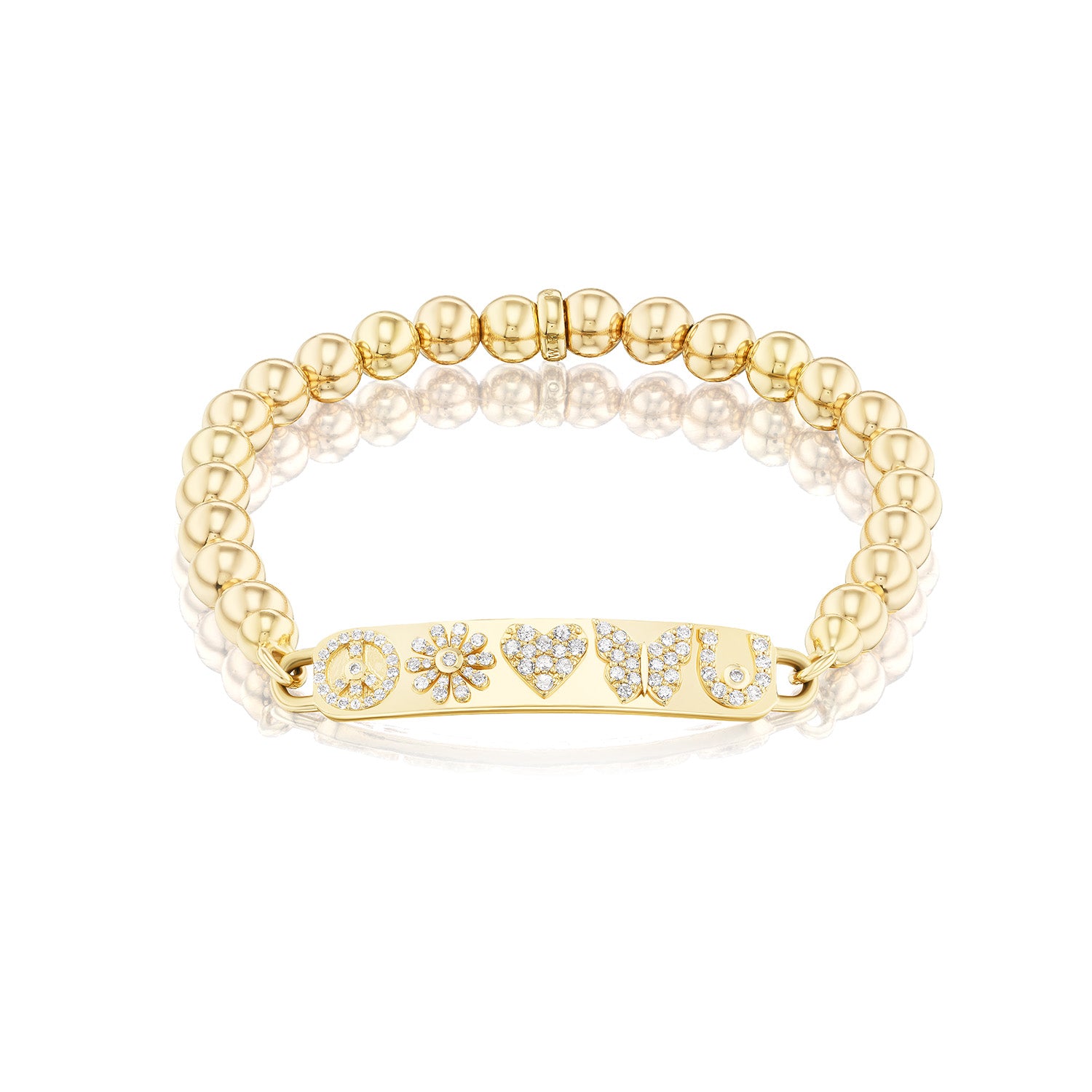 Gold beaded bracelet with ID tag set with icons including peace symbol, daisy, heart, butterfly and horse shoe.