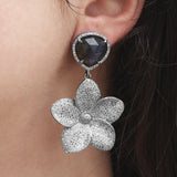 Diamond Plumeria Flower Earrings with Labradorite Posts "One of a Kind"