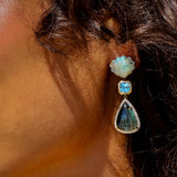 14k Opal Shell, Blue Topaz & Blue Tourmaline Drop Earrings - One of a Kind
