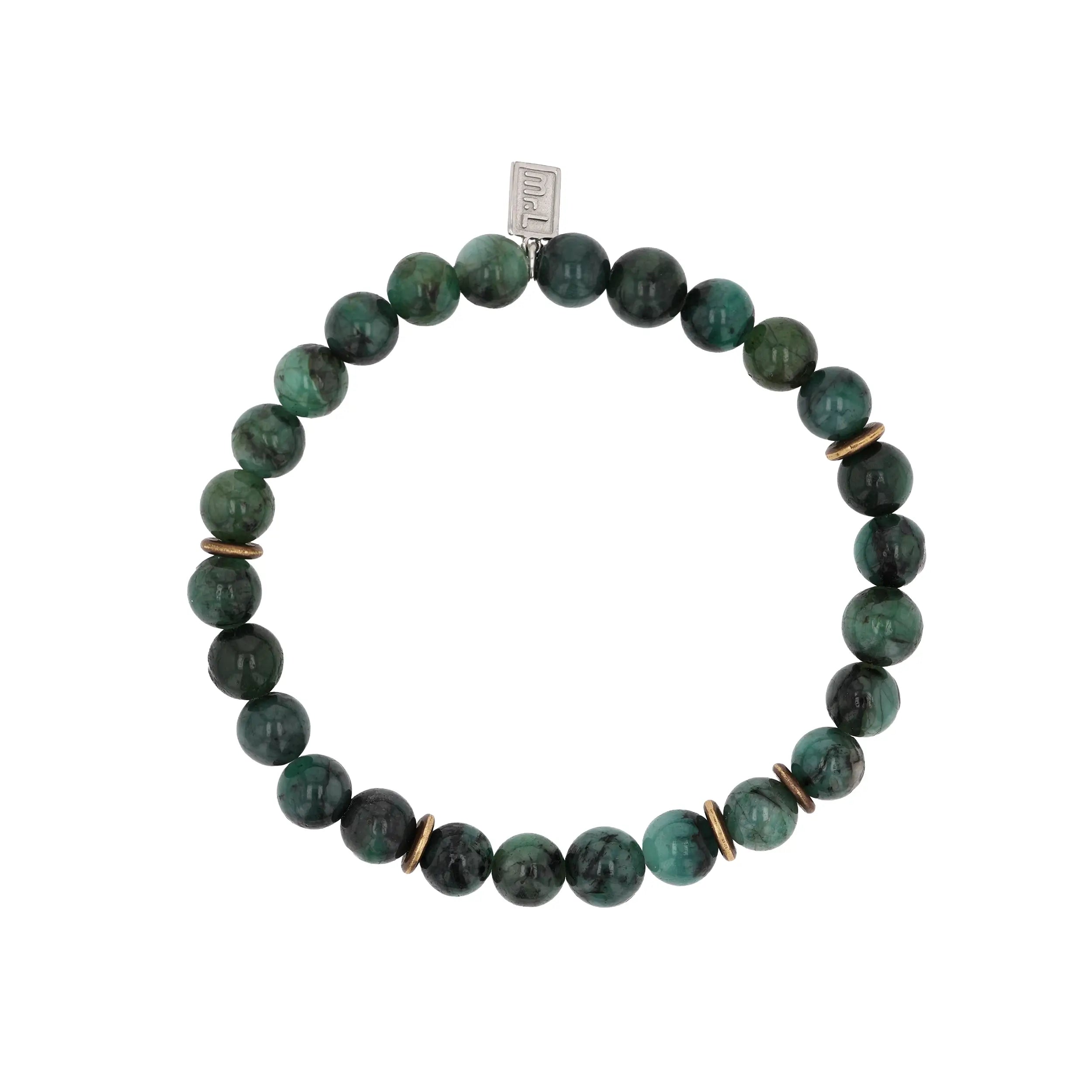 Men's Mr. LOWE Emerald Bracelet with Brass Rondelles - 8mm Men's Mr. LOWE Emerald Bracelet with Brass Rondelles - 8mm