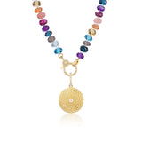 14k Torus Medallion on Rainbow Gemstone Knotted Necklace - 18"