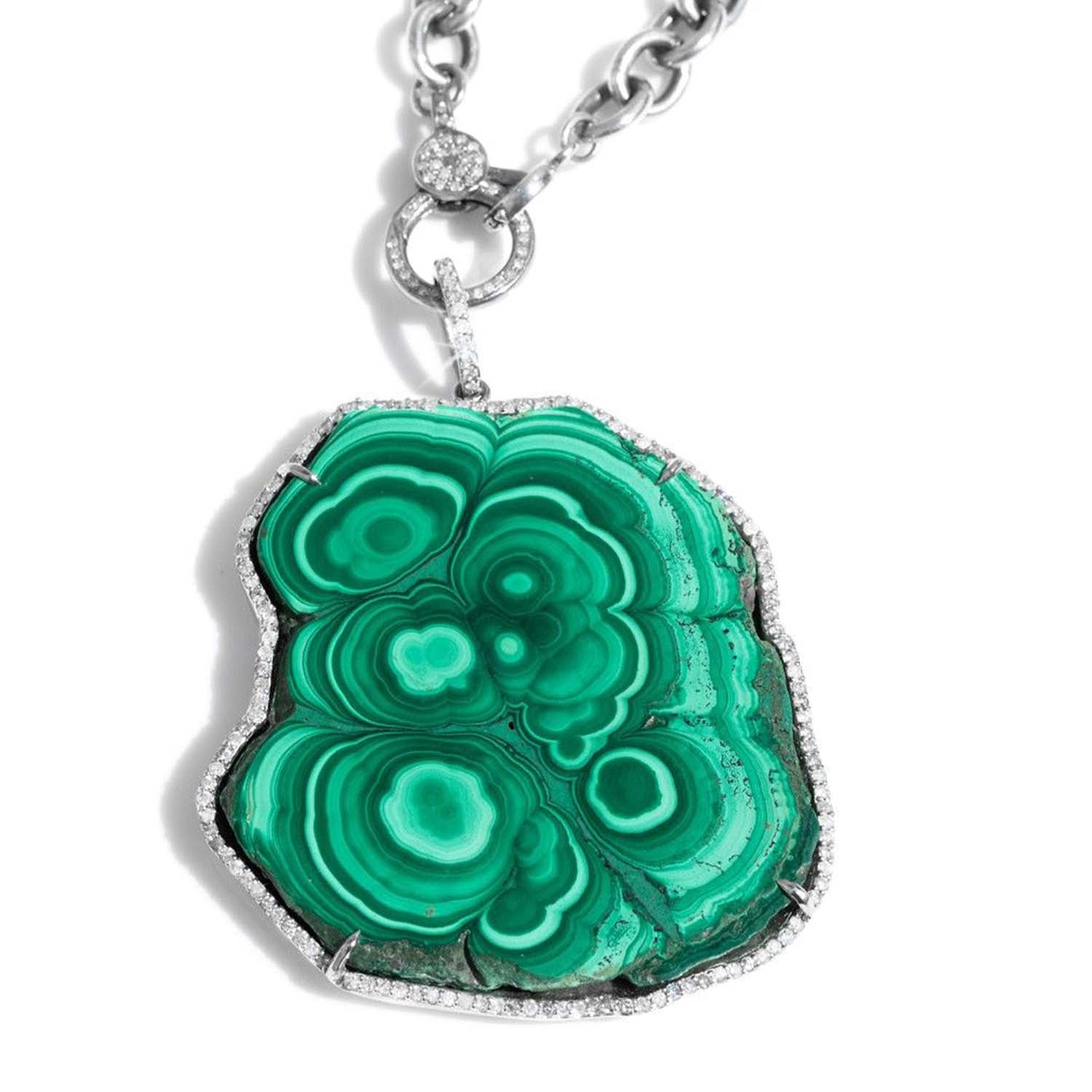 Large Malachite Slice Pendant with Diamond Halo on Chain Necklace "One of a Kind"