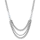 Triple Layer Curb Chain Necklace with Silver Pearls & Diamonds - 18 - 20"
