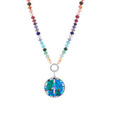 Opal Inlay and Diamond Peace Pendant on Rainbow Gemstone Mix Knotted Necklace - 18"