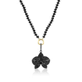 Black Diamond Orchid Pendant on Spinel Knotted Necklace - 32"