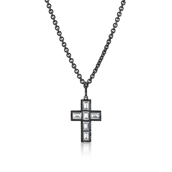 Crystal Quartz & Black Diamond Cross Pendant on Black Cable Chain