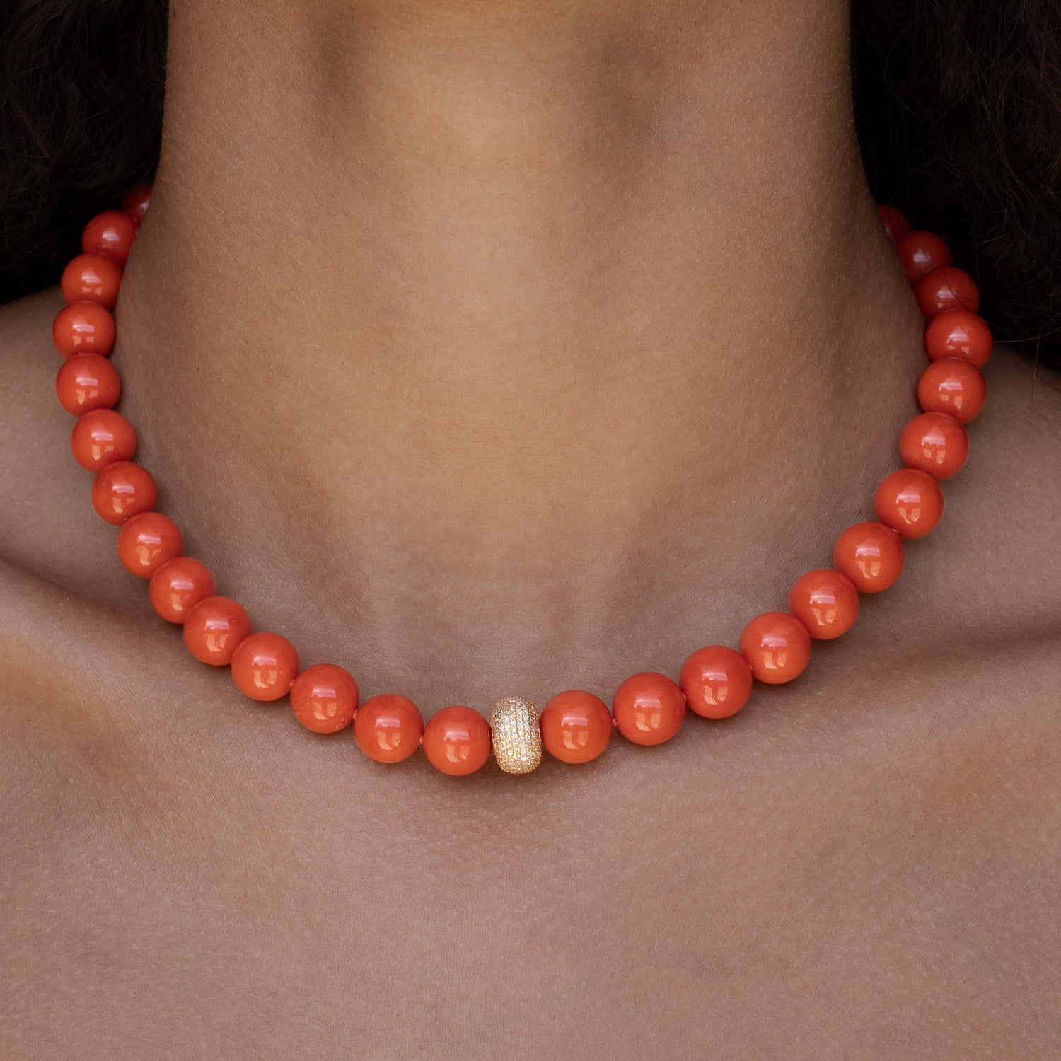 Italian Red Coral Bead Necklace with 14K Gold Pave Diamond Donut One –  Sheryl Lowe
