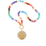 14k Gold Diamond Buddha Pendant on Multi Color Gemstone Knotted Necklace - 18"