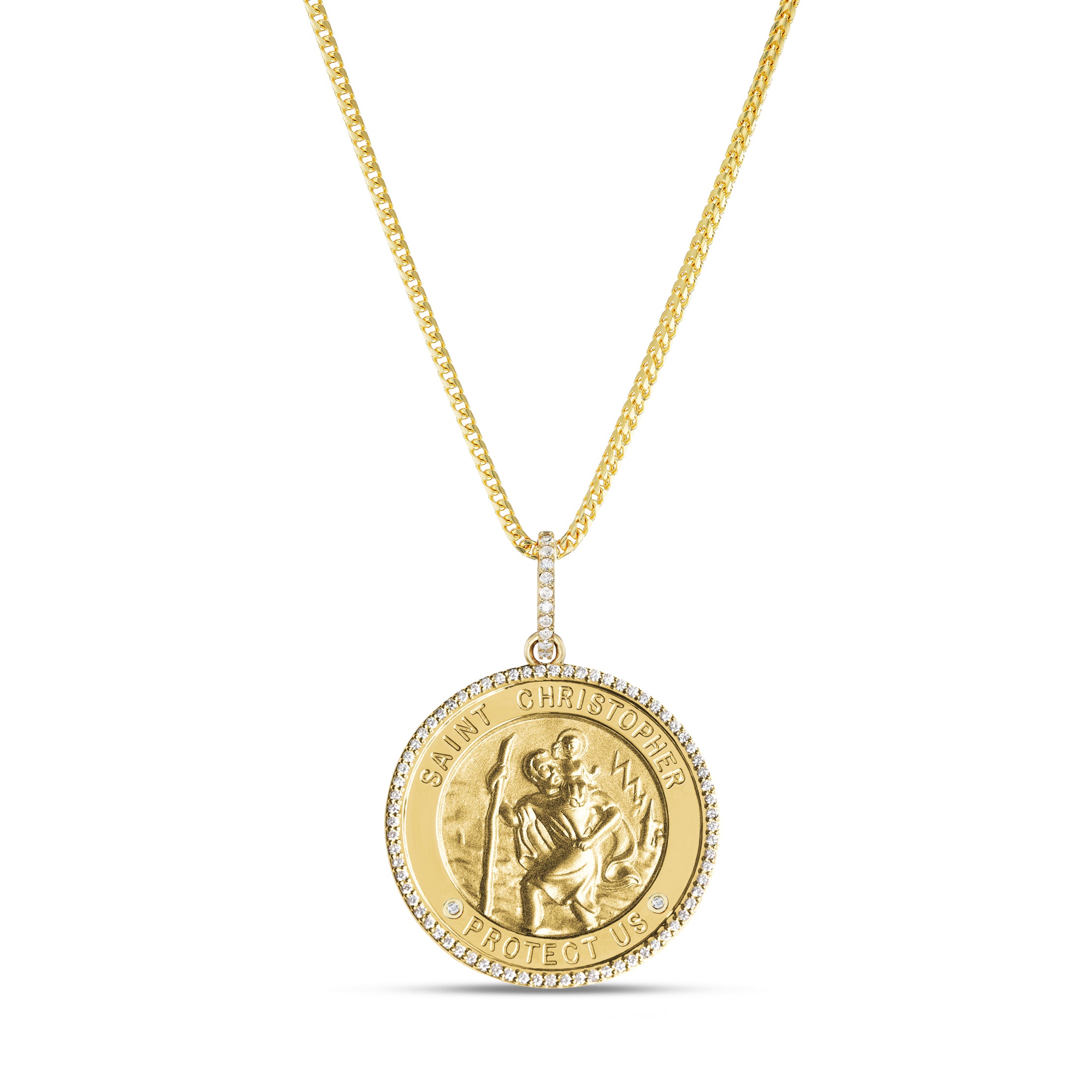 14k St. Christopher "Protect Us" Diamond Halo Medallion Necklace