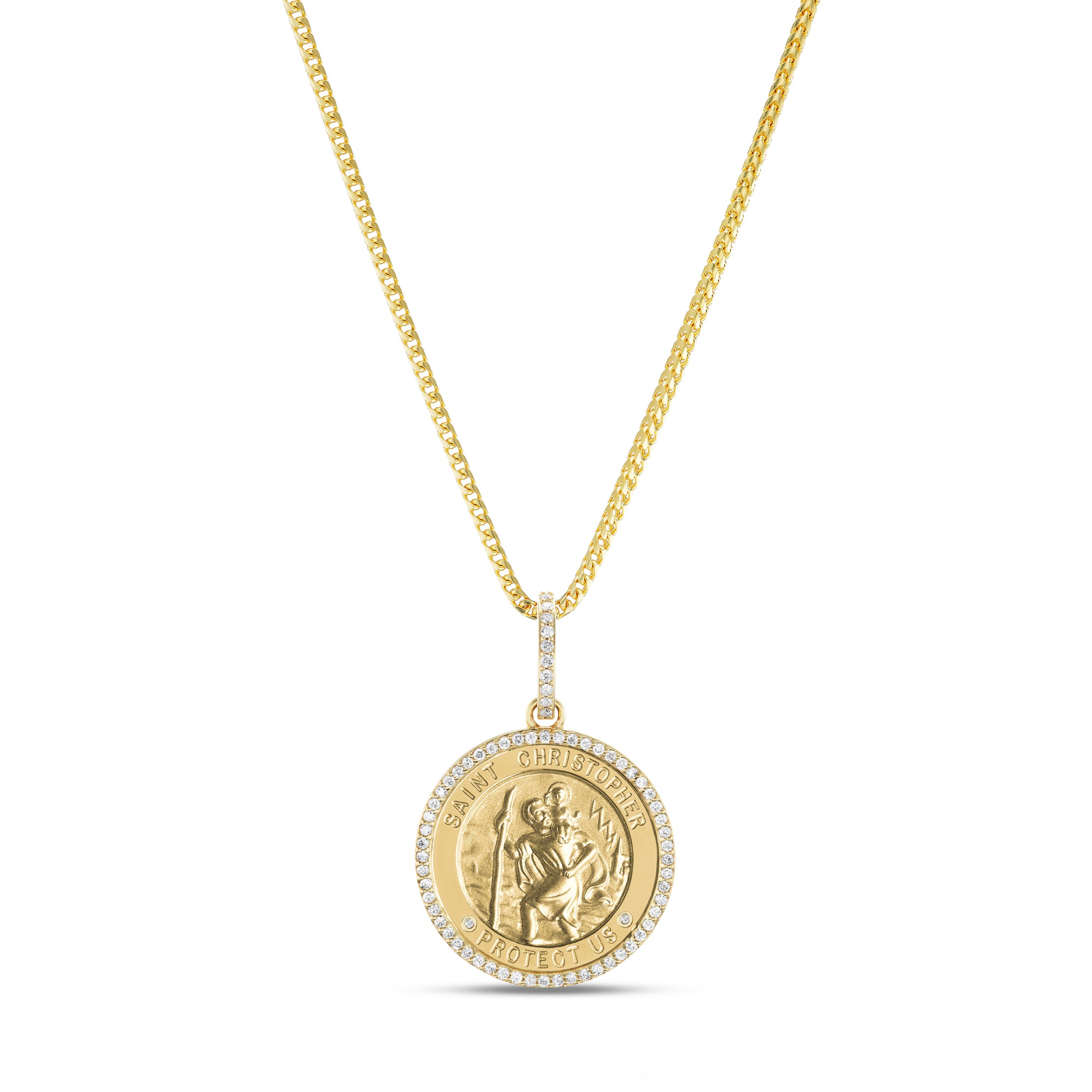 14k St. Christopher "Protect Us" Diamond Halo Medallion Necklace