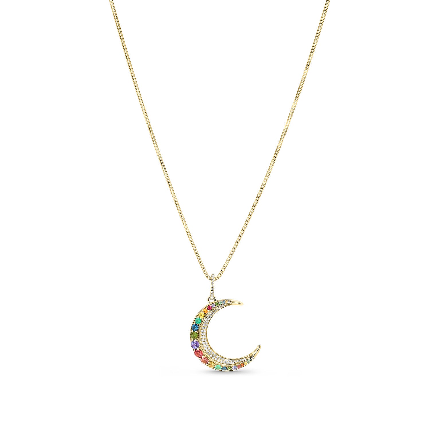 14k Rainbow Crescent Moon Pendant on Franco Chain Necklace
