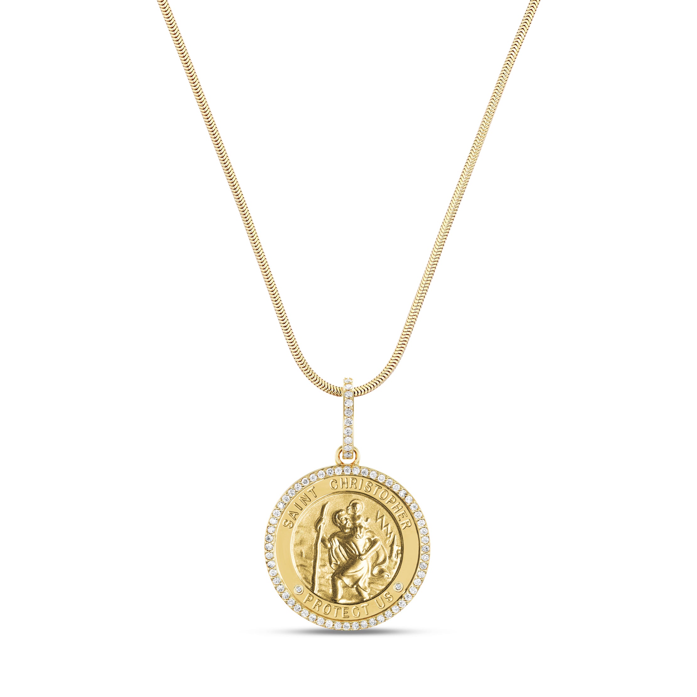 14k Gold 28mm St. Christopher Pendant with Diamond Border on 30 inch 14k gold snake chain by Sheryl Lowe.