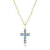 14k Aquamarine Bezel Set Cross Pendant on Cable Chain - 18"