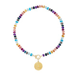 14k Torus Medallion on Rainbow Gemstone Knotted Necklace - 18"