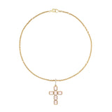 14k Rose Quartz Bezel Set Cross Pendant on 14k Cable Chain Necklace - 18"