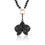 Black Diamond Orchid Pendant on Spinel Knotted Necklace - 32"