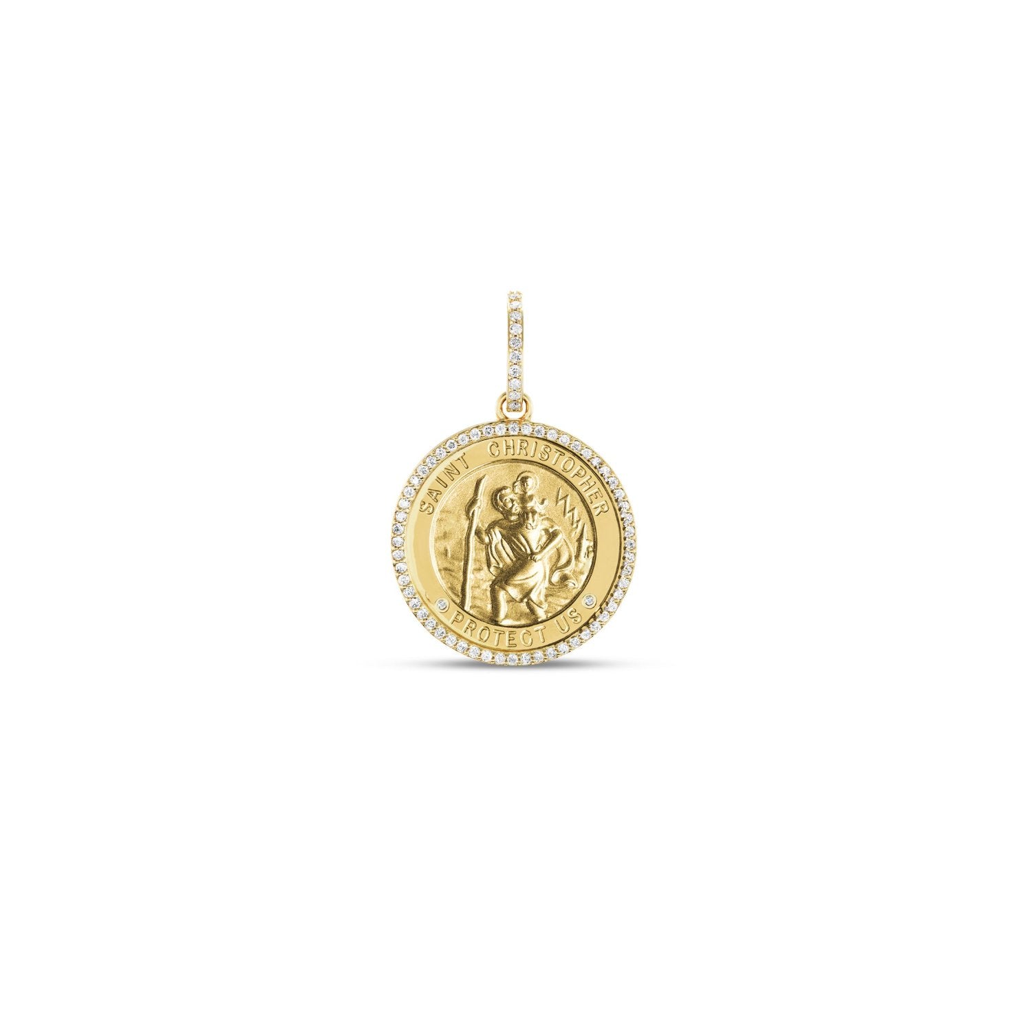 14k Gold St. Christopher "Protect Us" Pendant with diamond halo and diamond bail - 28mm diameter