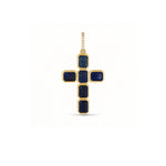 A gold cross pendant featuring five bezel-set rectangular dark blue sapphire gemstones, with a row of diamonds along the bail, shown on a plain white background.