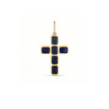 A gold cross pendant featuring five bezel-set rectangular dark blue sapphire gemstones, with a row of diamonds along the bail, shown on a plain white background.