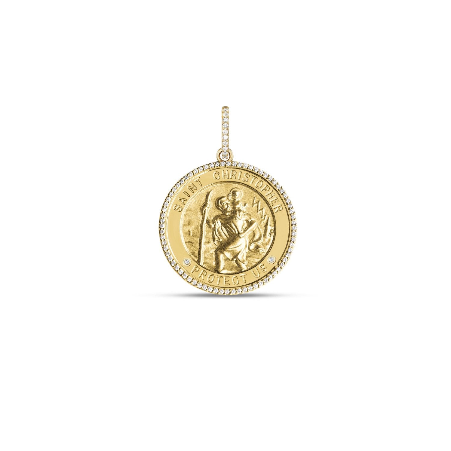 14k St. Christopher "Protect Us" Diamond Halo Medallion Necklace