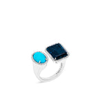 Diamond Halo Two Stone Silver Ring - Turquoise & London Blue Topaz