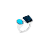 Diamond Halo Two Stone Silver Ring - Turquoise & London Blue Topaz