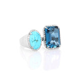 Diamond Halo Two Stone Silver Ring - Turquoise & London Blue Topaz