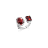 Diamond Halo Two Stone Silver Ring - Garnet & Red Tourmaline