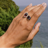 Diamond Halo Two Stone Silver Ring - Garnet & Red Tourmaline