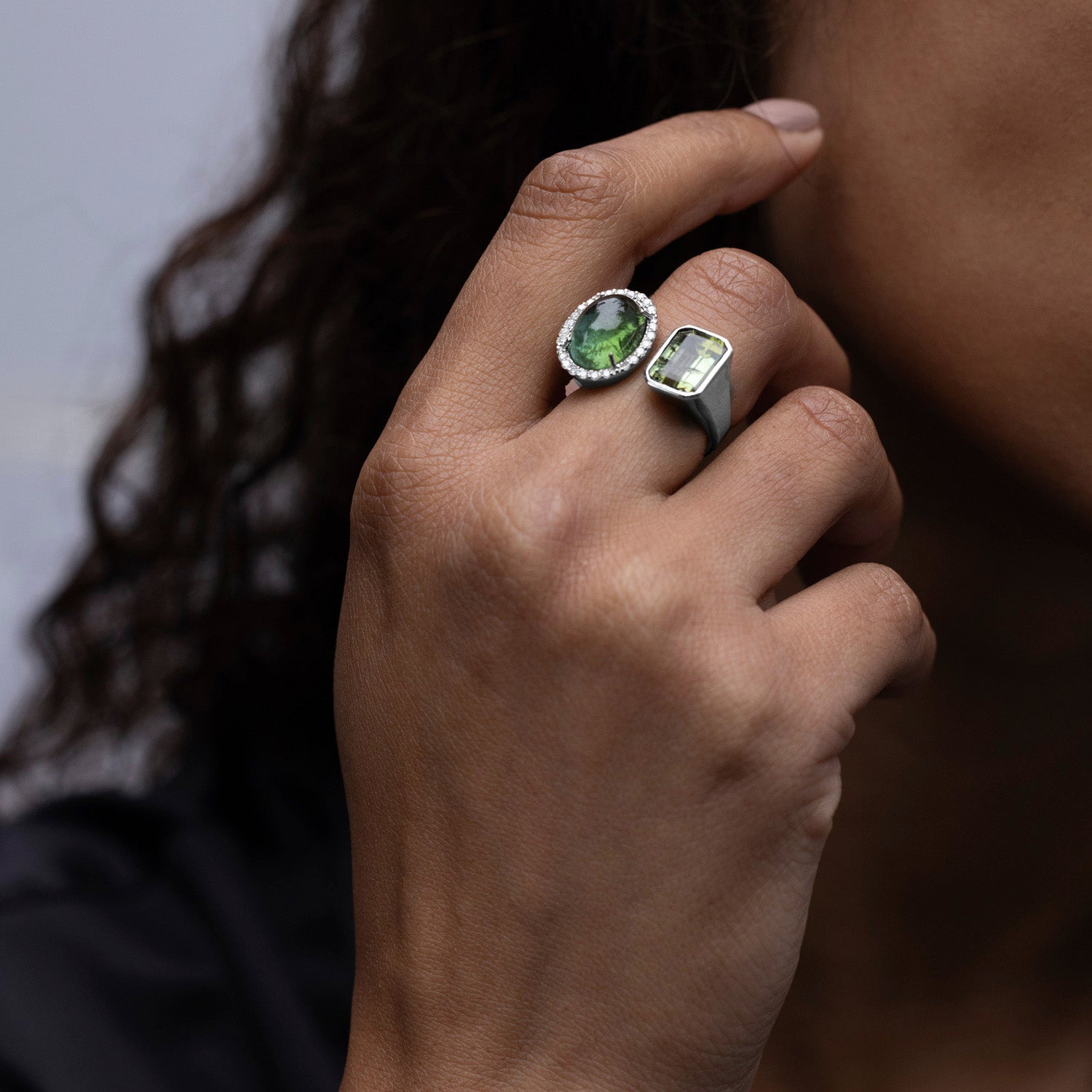 Diamond Halo Two Stone Ring Green Light Green Tourmaline