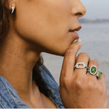 Diamond Halo Two Stone Ring - Green & Light Green Tourmaline