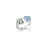 Diamond Halo Two Stone Ring - Amythest & Aquamarine