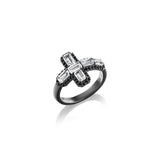Bague croix en quartz cristal et diamants noirs avec rhodium noir
