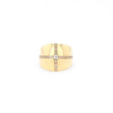 18k Cigar Band Ring with Bezel Diamond Center and Pave Cross