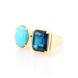 14k Yellow Gold Two Stone Turquoise and London Blue Topaz Ring "One of a Kind"