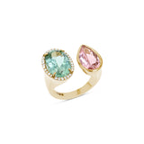 14k Diamond Halo Two Stone Ring - Green & Pink Tourmaline "One of a Kind"