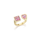 14K Diamond Halo Two Stone Ring - Pink Tourmaline Square & Heart