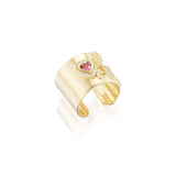 14k Heartstring LOVE with Tourmaline Heart and Diamonds Wide Cuff Ring