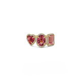 14k Diamond Halo Pink Tourmaline Three Stone Ring - One of a Kind