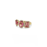 14k Diamond Halo Pink Tourmaline Three Stone Ring - One of a Kind