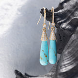 14k Kingman Turquoise Teardrop Earrings on Diamond French Hooks "One of a Kind"