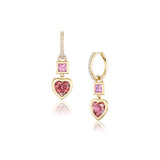 14K Pink Tourmaline Heart Drop Earrings on Diamond Huggies